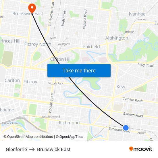 Glenferrie to Brunswick East map