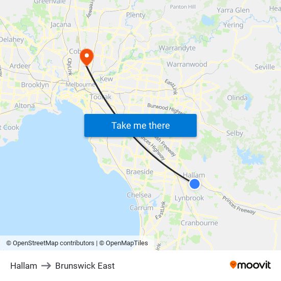 Hallam to Brunswick East map