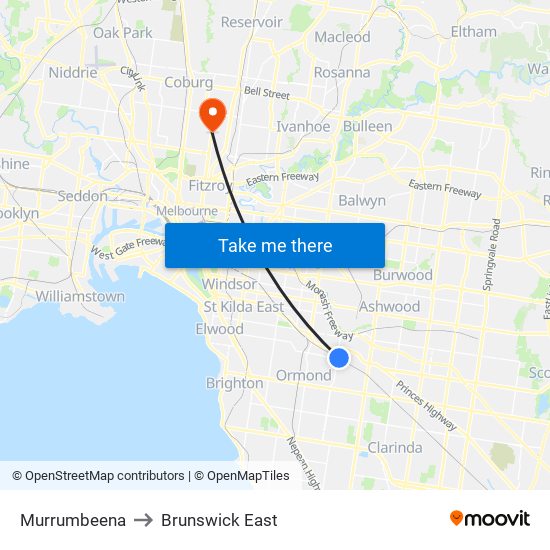 Murrumbeena to Brunswick East map