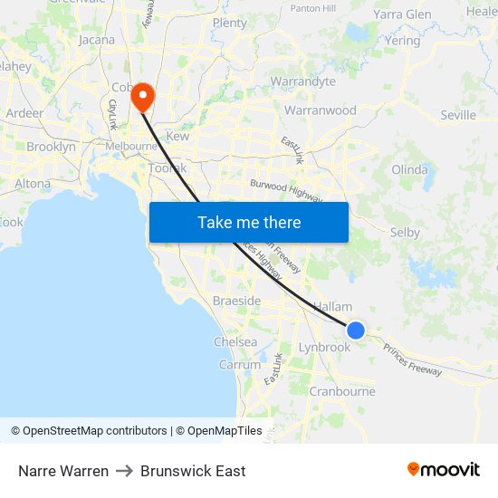 Narre Warren to Brunswick East map