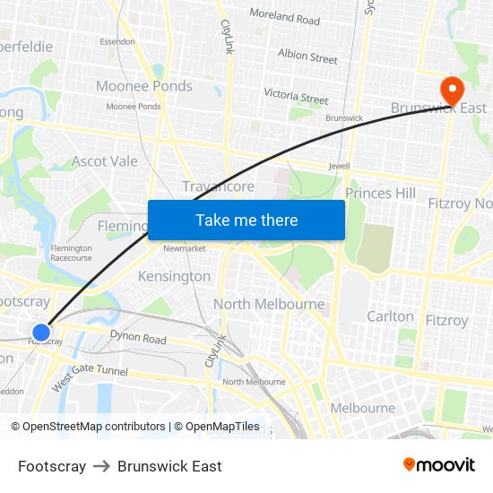 Footscray to Brunswick East map