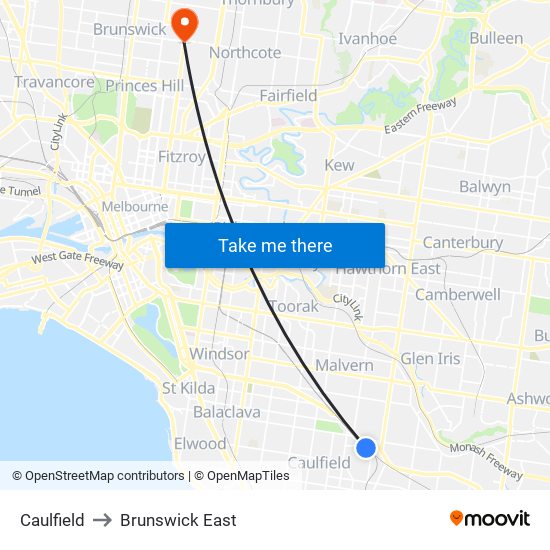 Caulfield to Brunswick East map