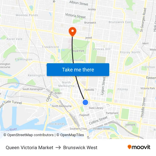 Queen Victoria Market to Brunswick West map