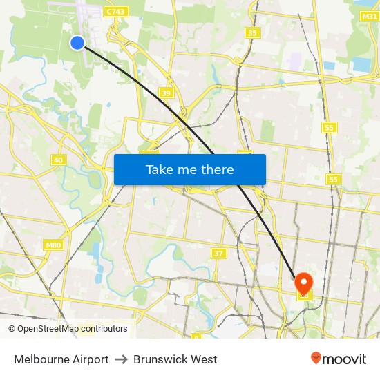 Melbourne Airport to Brunswick West map
