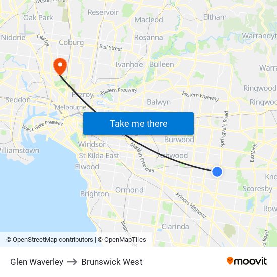 Glen Waverley to Brunswick West map