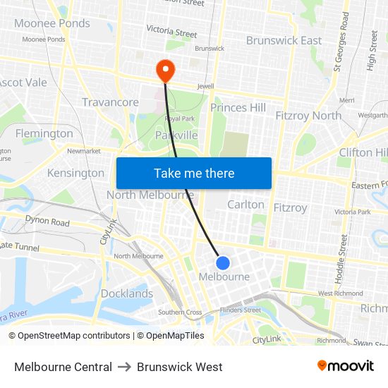 Melbourne Central to Brunswick West map