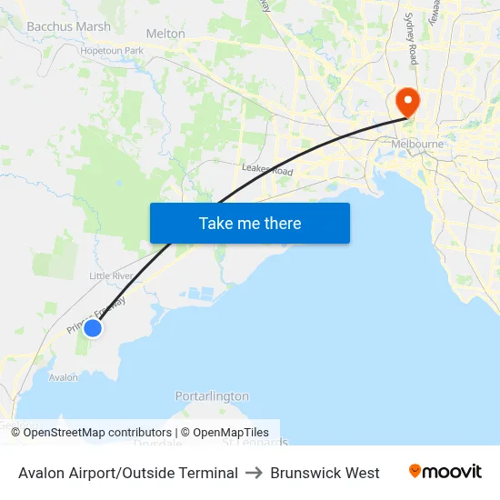 Avalon Airport/Outside Terminal to Brunswick West map
