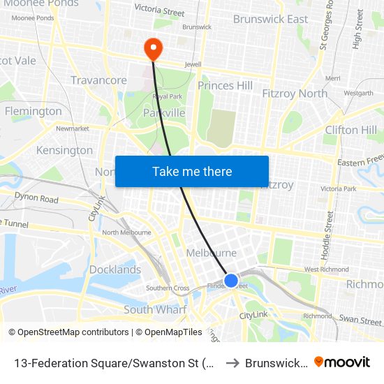 13-Federation Square/Swanston St (Melbourne City) to Brunswick West map