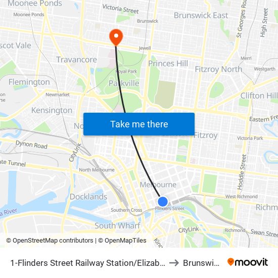 1-Flinders Street Railway Station/Elizabeth St (Melbourne City) to Brunswick West map