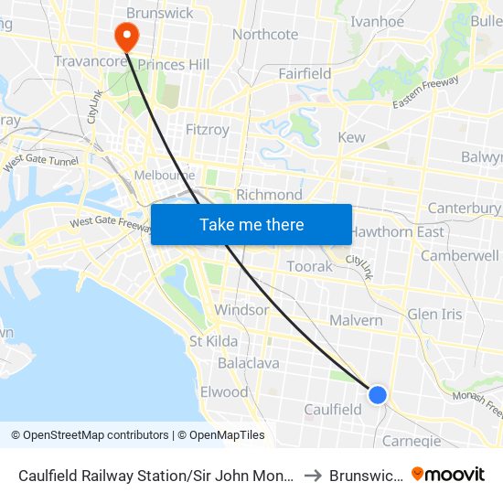 Caulfield Railway Station/Sir John Monash Dr (Caulfield East) to Brunswick West map