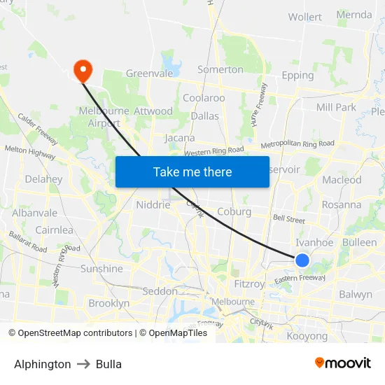 Alphington to Bulla map