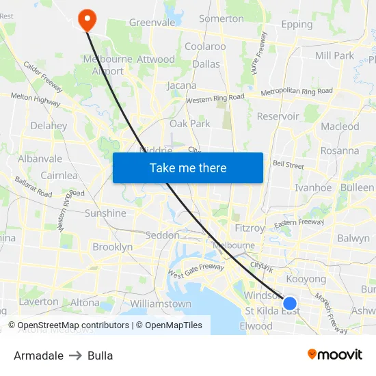Armadale to Bulla map