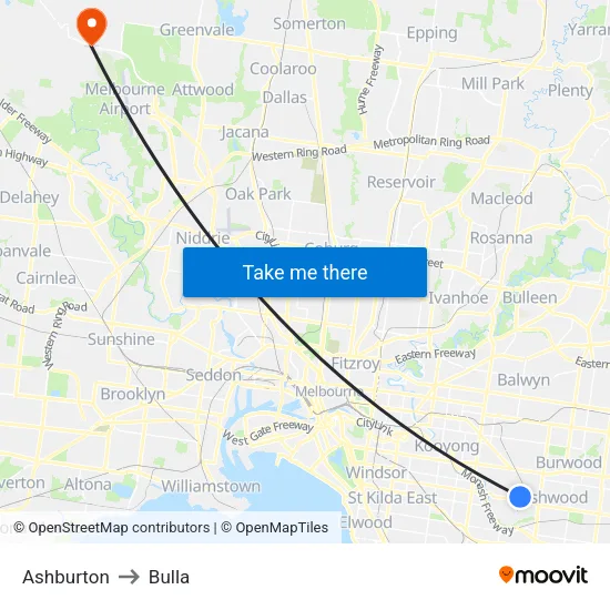 Ashburton to Bulla map
