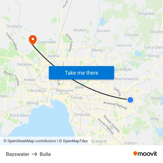 Bayswater to Bulla map