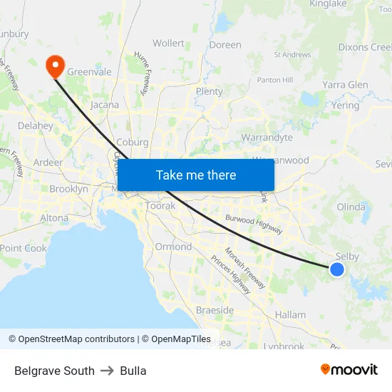 Belgrave South to Bulla map