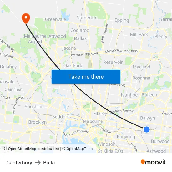 Canterbury to Bulla map