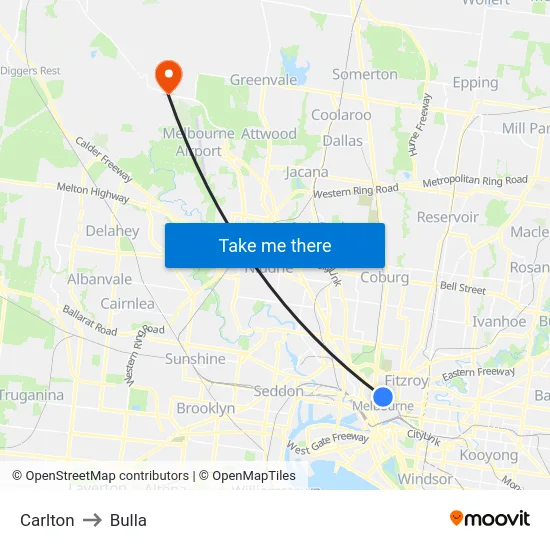 Carlton to Bulla map