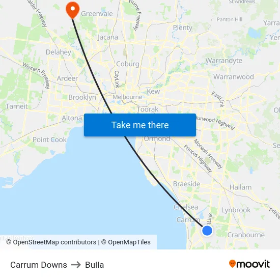 Carrum Downs to Bulla map