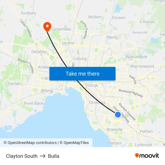 Clayton South to Bulla map