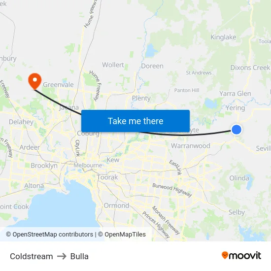 Coldstream to Bulla map