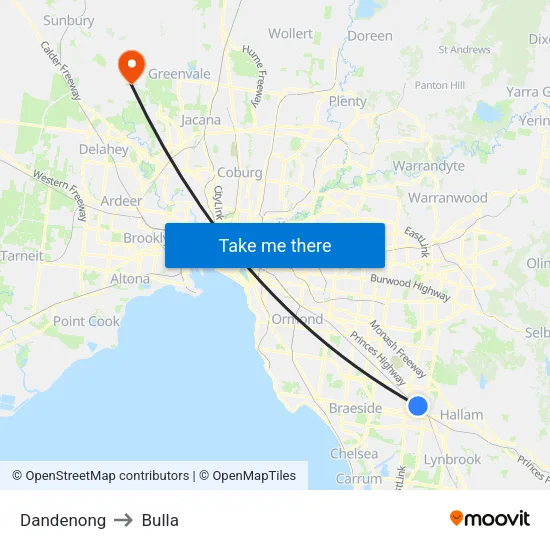 Dandenong to Bulla map
