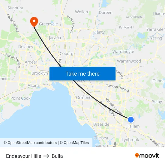 Endeavour Hills to Bulla map