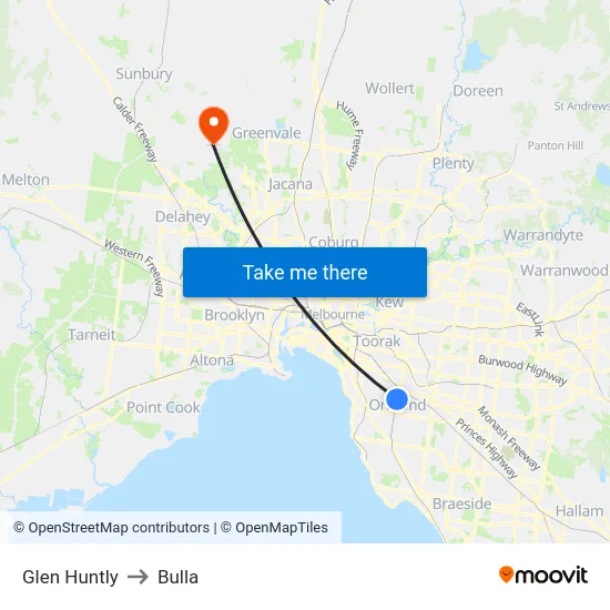 Glen Huntly to Bulla map