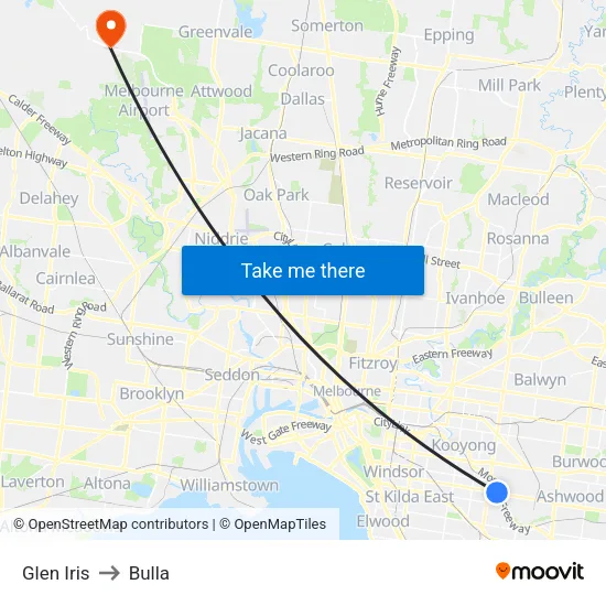 Glen Iris to Bulla map