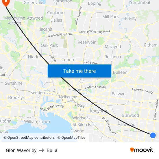 Glen Waverley to Bulla map