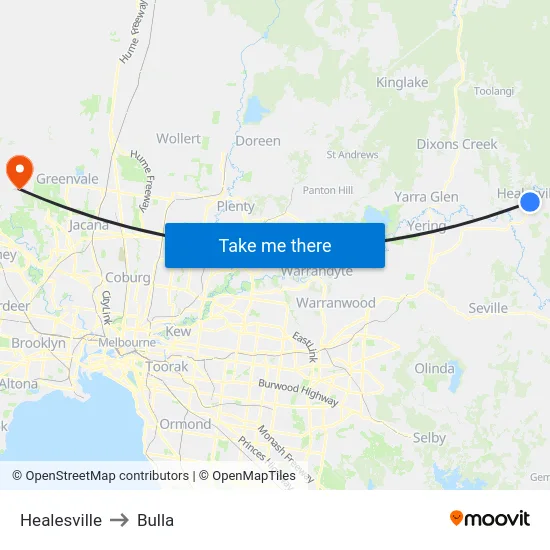 Healesville to Bulla map