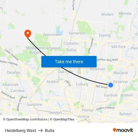 Heidelberg West to Bulla map