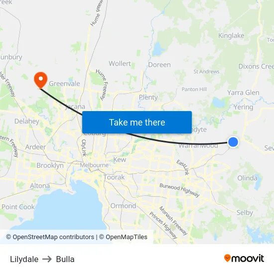 Lilydale to Bulla map