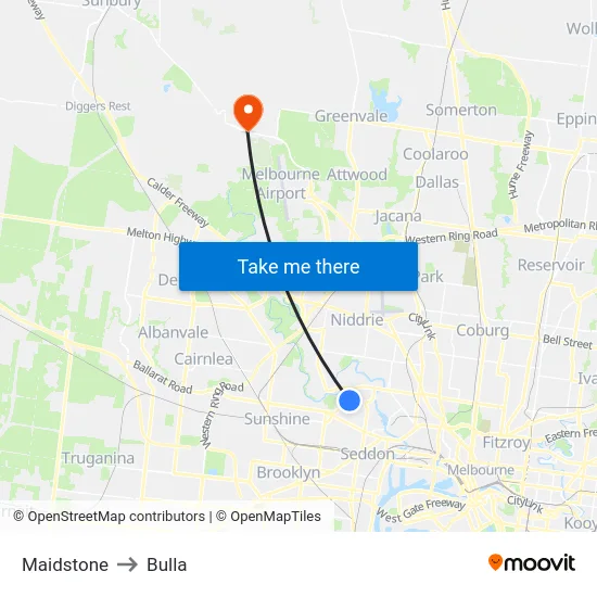 Maidstone to Bulla map