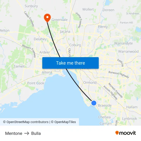 Mentone to Bulla map