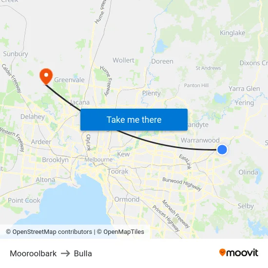 Mooroolbark to Bulla map