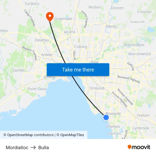 Mordialloc to Bulla map