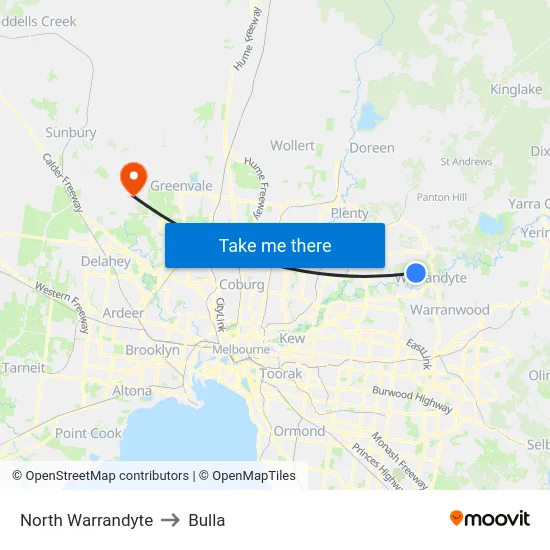 North Warrandyte to Bulla map