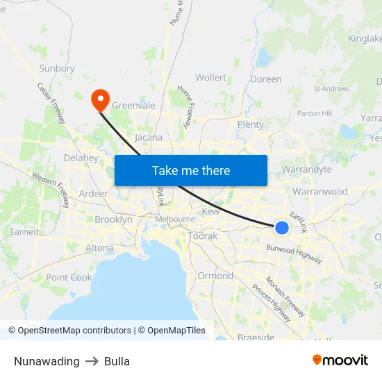 Nunawading to Bulla map