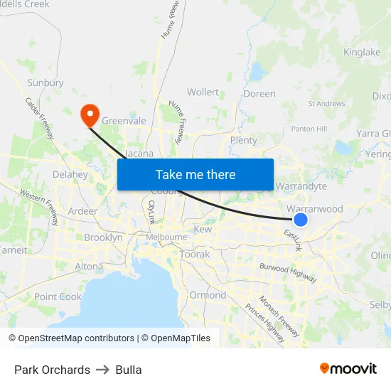 Park Orchards to Bulla map