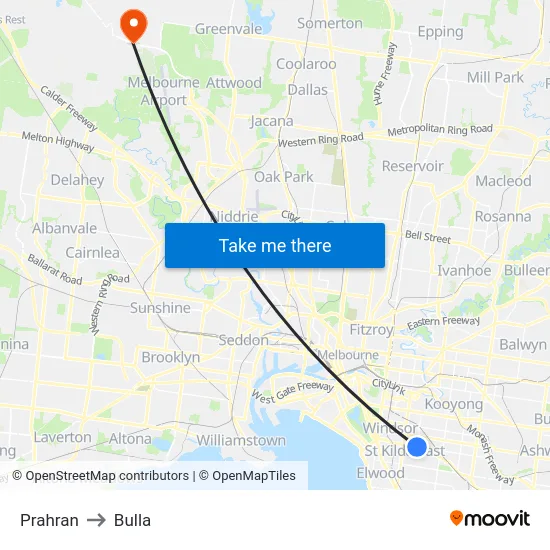 Prahran to Bulla map
