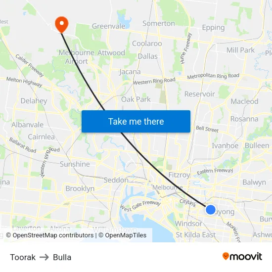 Toorak to Bulla map