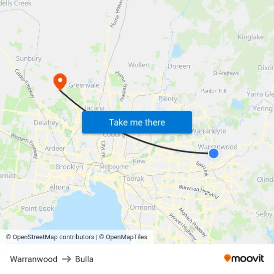 Warranwood to Bulla map