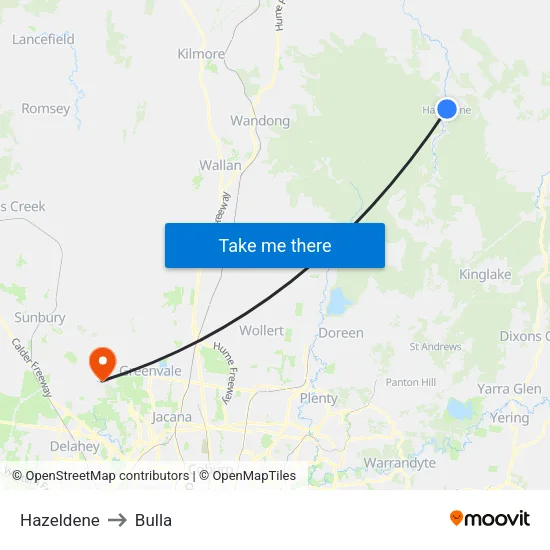 Hazeldene to Bulla map