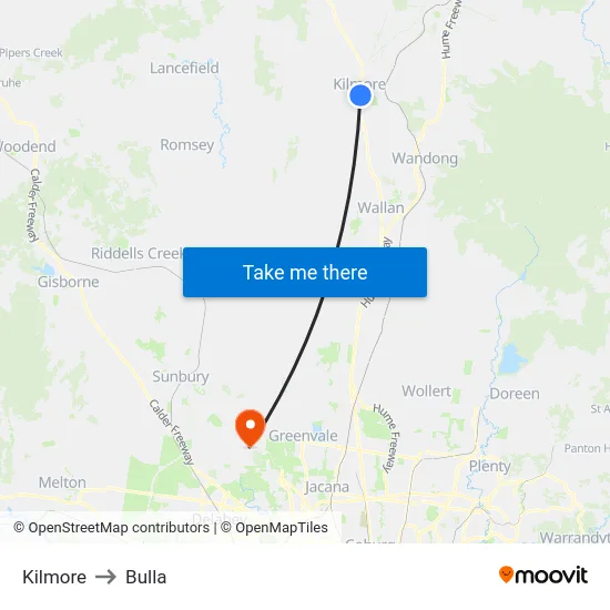 Kilmore to Bulla map