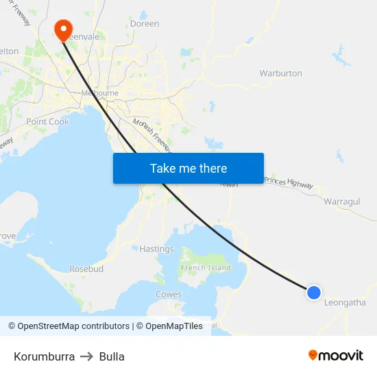 Korumburra to Bulla map