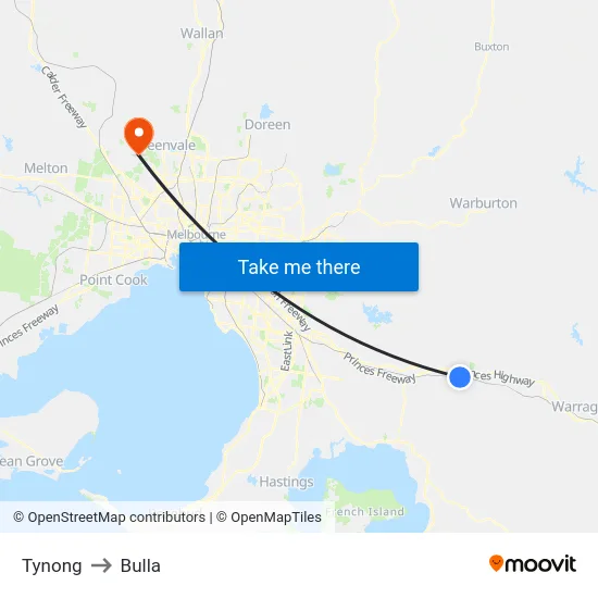 Tynong to Bulla map