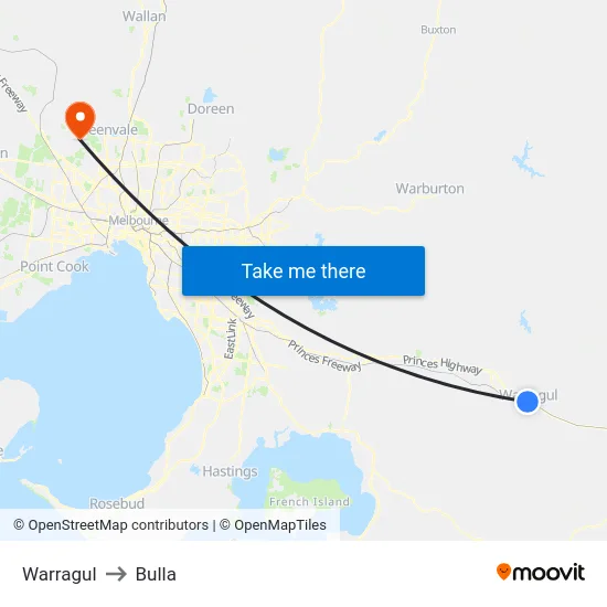 Warragul to Bulla map