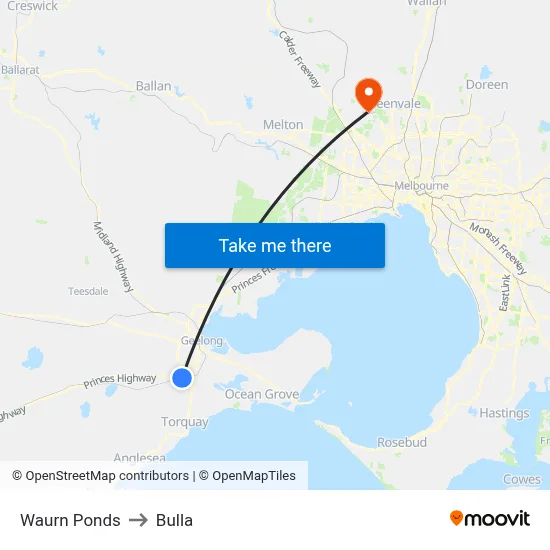 Waurn Ponds to Bulla map