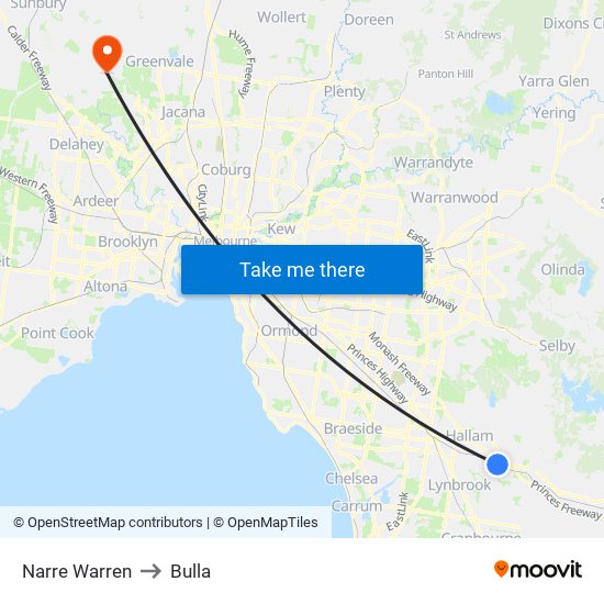 Narre Warren to Bulla map