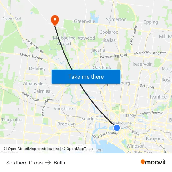 Southern Cross to Bulla map